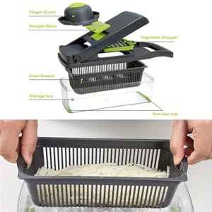 Grey 16-Piece Multi-Blade Fruit & Vegetable Chopper Set - Rust-Proof Kitchen Essential Cutter with 7 Diversified Blades, Container, Handheld Spiralizer, Mandoline for Salad, Carrot, Potato, 16-Pieces, Compact