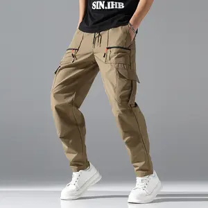 Men's functional wind multi-pocket overalls, outdoor loose straight casual trousers, large side pockets + contrasting zipper + elastic waist and drawstring design, made of wear-resistant fabrics, very suitable for daily travel and friends gatherings, a va
