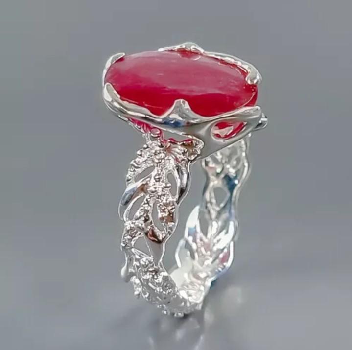 Sterling Silver Ruby Ring with Red Gemstone and Decorative Elements