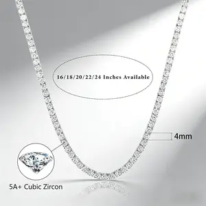 GEMSME Unisex 4MM CZ Tennis Necklace Round Cut Cubic Zirconia Brass Classic Hiphop Style Trendy Elegant Chain for Men Women Valentines Day Gift