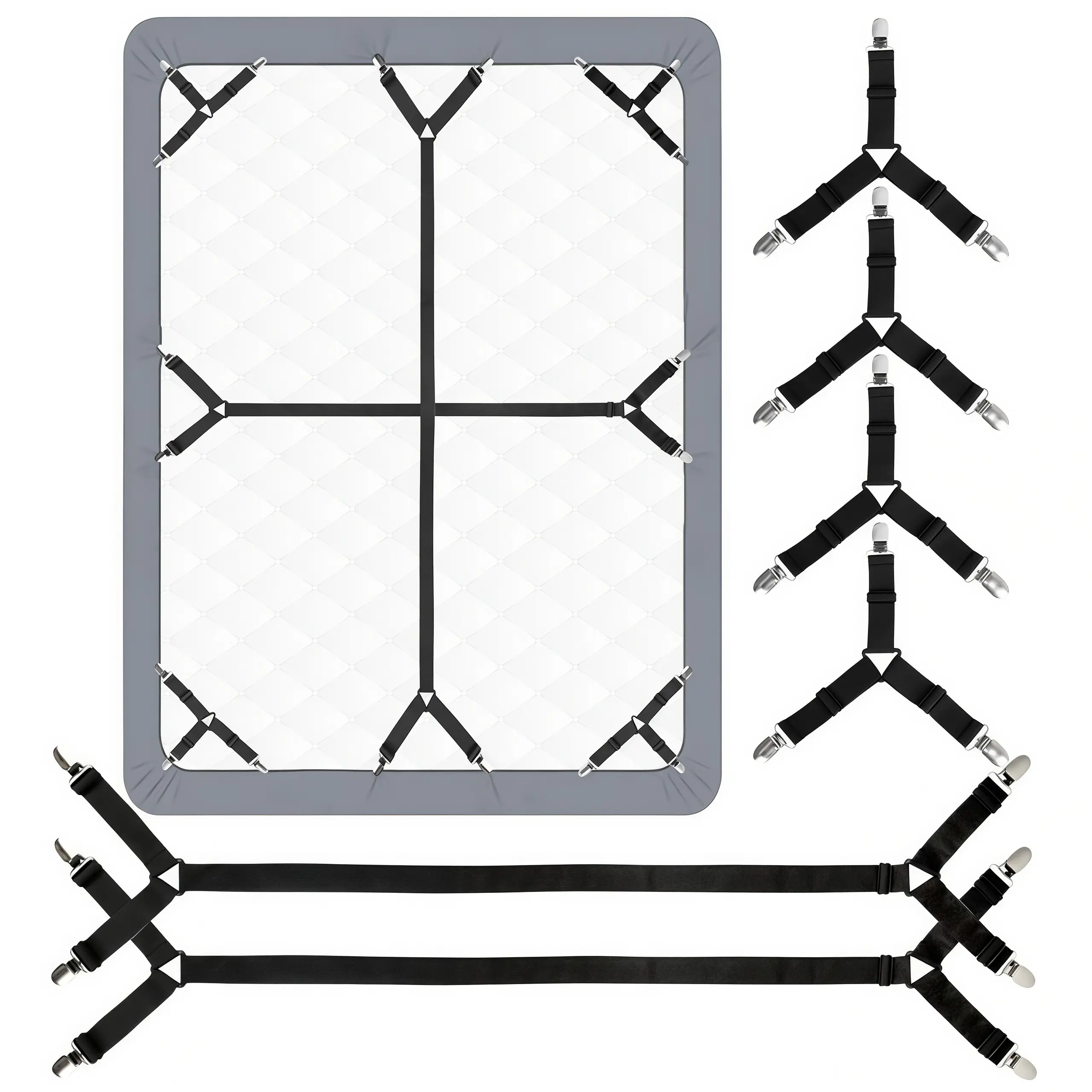 LMMAKE 6PCS Adjustable Crisscross Bed Sheet Grippers - Durable Sheet Holder Straps with Locking Clips, Bedding Accessories for Mattress Suspenders (Black)