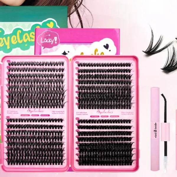 ANIMIZUMU Lash Cluster Extensions Kit, 640 Pcs D-Curl 9-16mm Fluffy Wispy Lash Extensions with Thin Band, Bond, Seal, Tweezers for Daily Realistic Makeup, Lash Extension