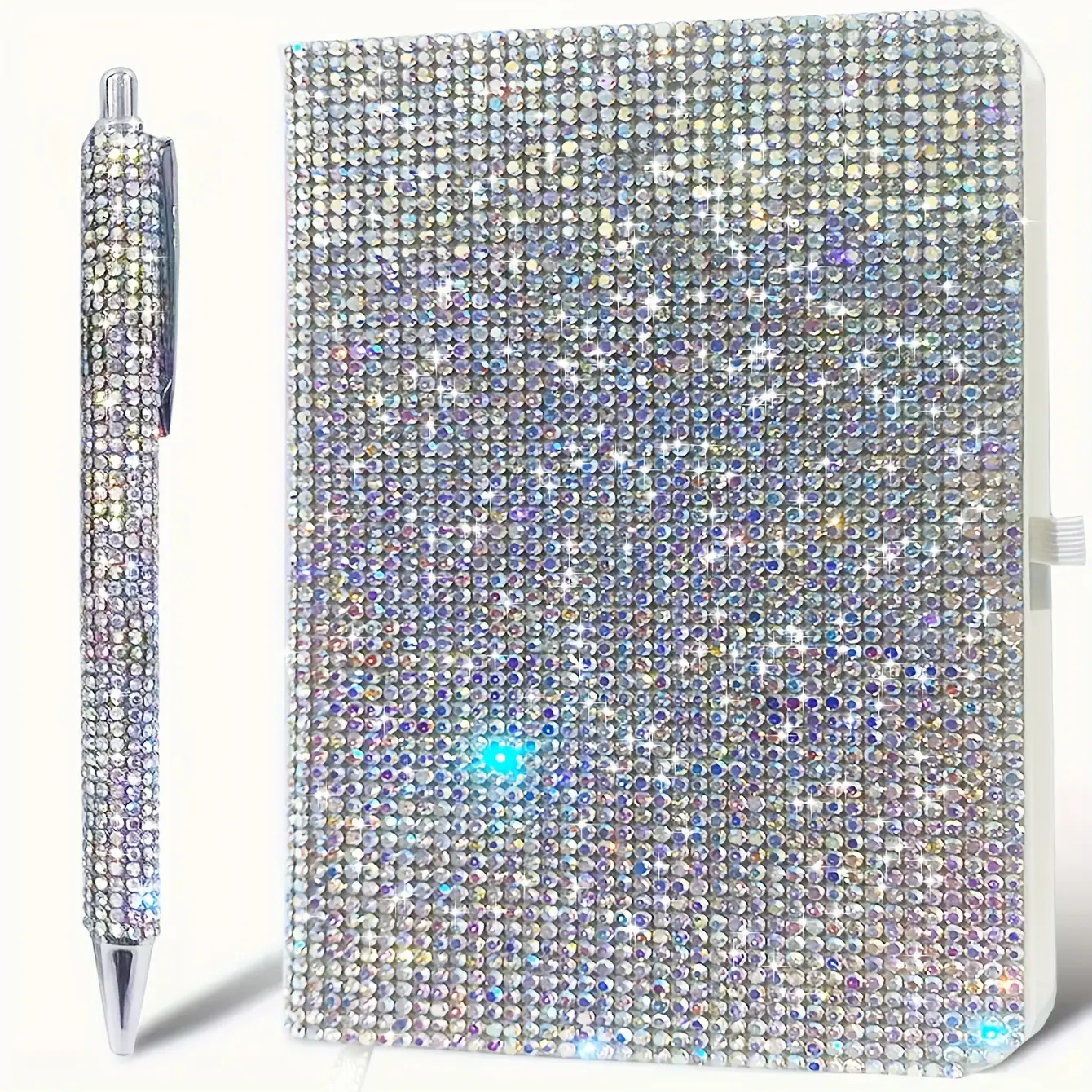 Modern Non-Customized Office Stationery Set - A6 PU Plastic Notebook, Sparkling Pressable Diamond-encrusted Round Ballpoint Pen, Writing Diary, Pocket Notepad, Bookmark with Pen Holder