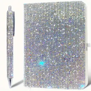 Sparkling Diamond-studded A6 PU Business Notebook, A Pressable Diamond-encrusted Round Ballpoint Pen, Writing Diary, Pocket Notepad, Bookmark with Pen Holder