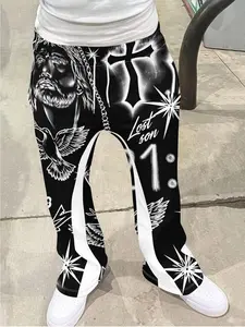 Vintage Men's Jesus Cross Print Pants, Loose Bell Bottoms, Drawstring Sportswear, 3D Soft Breathable Fabric, Casual All-Season Fashion, Breathable Athletic Bottoms, Loose Drawstring Sweatpants