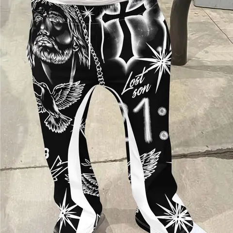 Vintage Men's Jesus Cross Print Pants, Loose Bell Bottoms, Drawstring Sportswear, 3D Soft Breathable Fabric, Casual All-Season Fashion, Breathable Athletic Bottoms, Loose Drawstring Waist Sweatpants