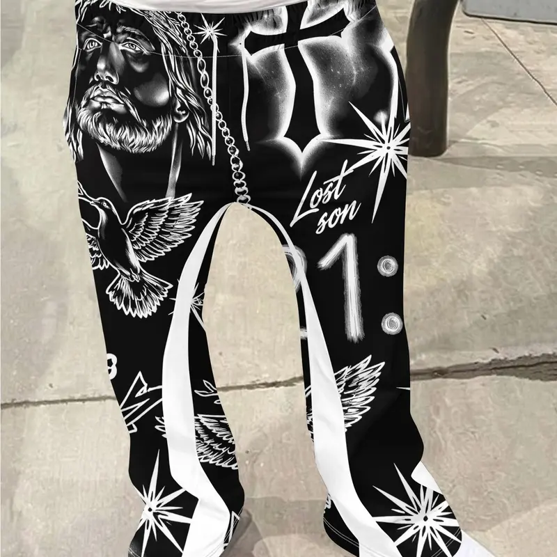 Vintage Men's Jesus Cross Print Pants, Loose Bell Bottoms, Drawstring Sportswear, 3D Soft Breathable Fabric, Casual All-Season Fashion, Breathable Athletic Bottoms, Loose Drawstring Waist Sweatpants