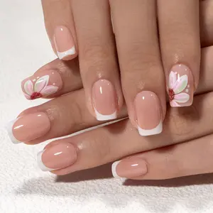 Curvlife short squoval floral Fake Nails patterns prints nude glossy shiny for spring 2 Week Wear Damage Free