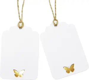 100 count Blank  Tags with String, Foil  Butterfly Large  Tags with 65 Ft Jute Twine White Paper Cute Tags for Birthday  Shower Wedding Party  Wrap Tags