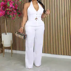 Women’s elegant two-piece set — African-style tracksuit for spring/summer featuring a long-sleeve vest top and pants; matching party outfit; basic fitted minimalist design; available in white/black.