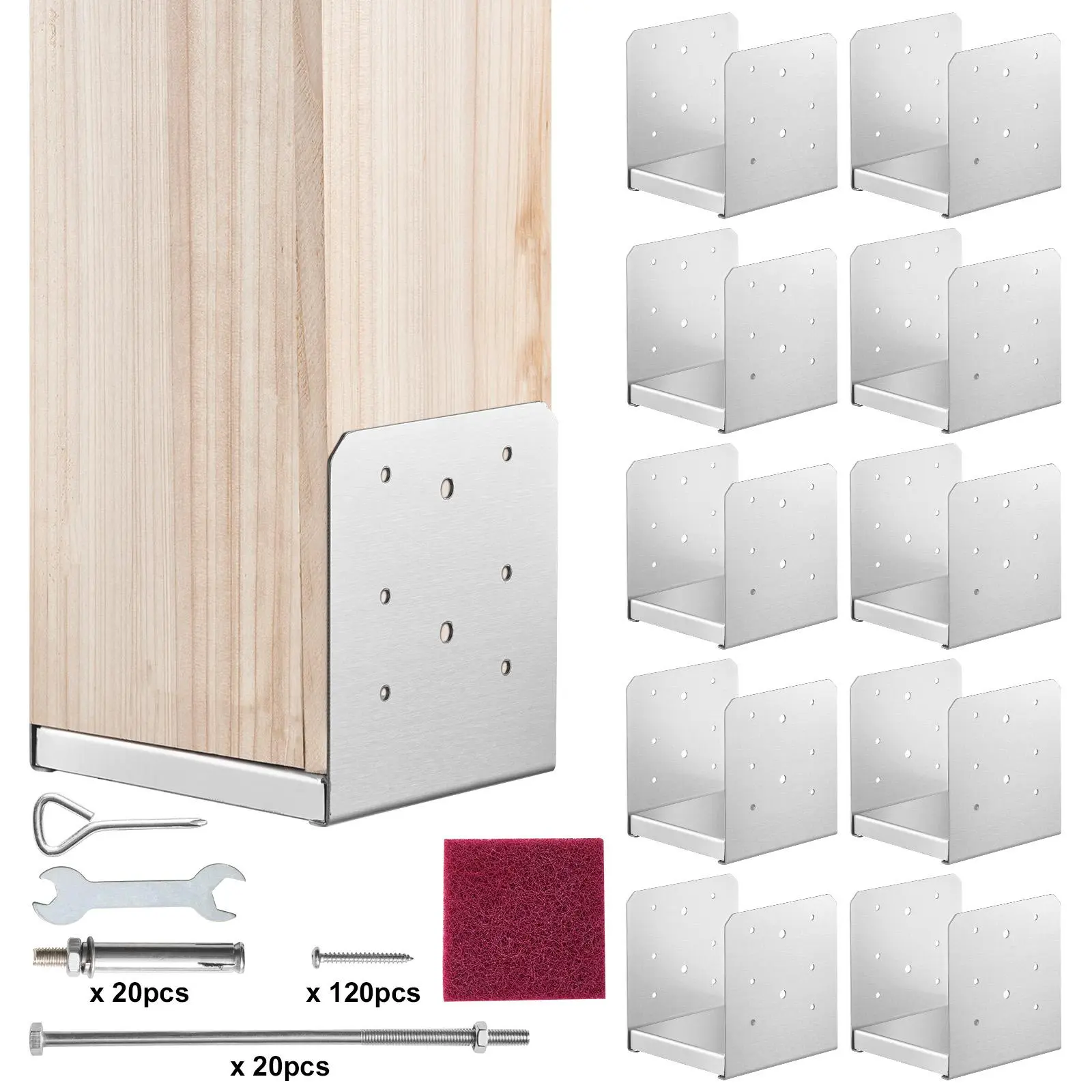 VEVOR 6"x6" Post Base, 10Pcs Stainless Steel Adjustable Post Anchor Bracket (Internal 5.9x5.5") with Brushed Finish, M880 Expansion Kit & Full Tool Kit for Backyard Pergola Supporting Deck Porch