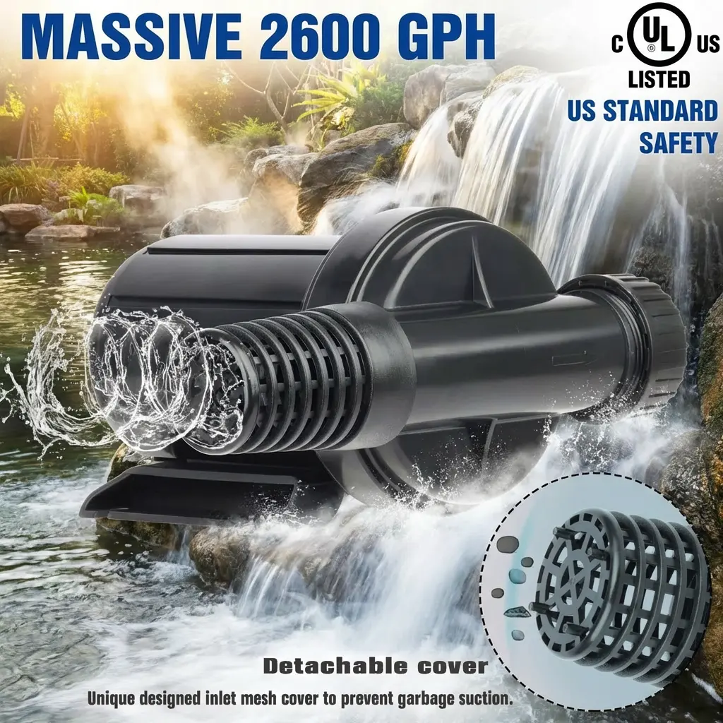 OYO WATER UL Listed 2600 GPH High Flow Waterfall Pump - Professional Grade Pond Pump with Anti-Clog Mesh Cover