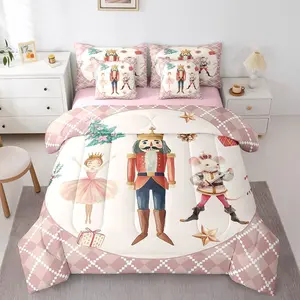 Christmas Nutcracker Comforter Set with Sheets,7 Pieces Xmas Tree Bedding Set,Pink Buffalo Plaid Bed in a Bag with Comforter,Sheets,Pillowcase & Shams