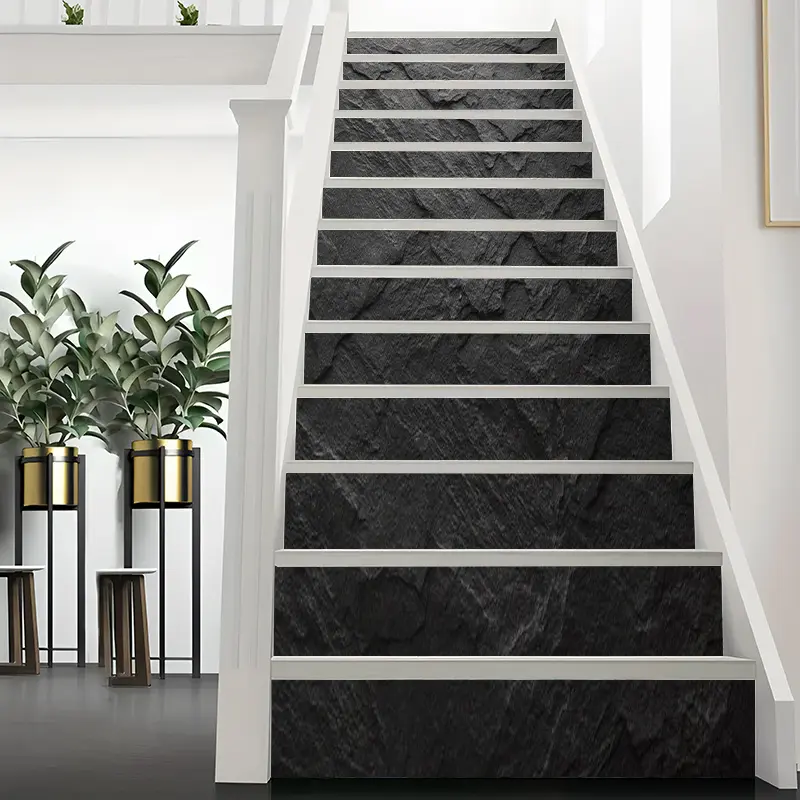 13pcs Black Rock Texture Stair Stickers, Modern Peel and Stick Vinyl Strips, Wall Decor, Self-Adhesive PVC Stair Wall Art, Rectangular Stickers for Stairs, Steps, Bathroom & Floor, No Tools Needed, Easy to Clean and Decorate