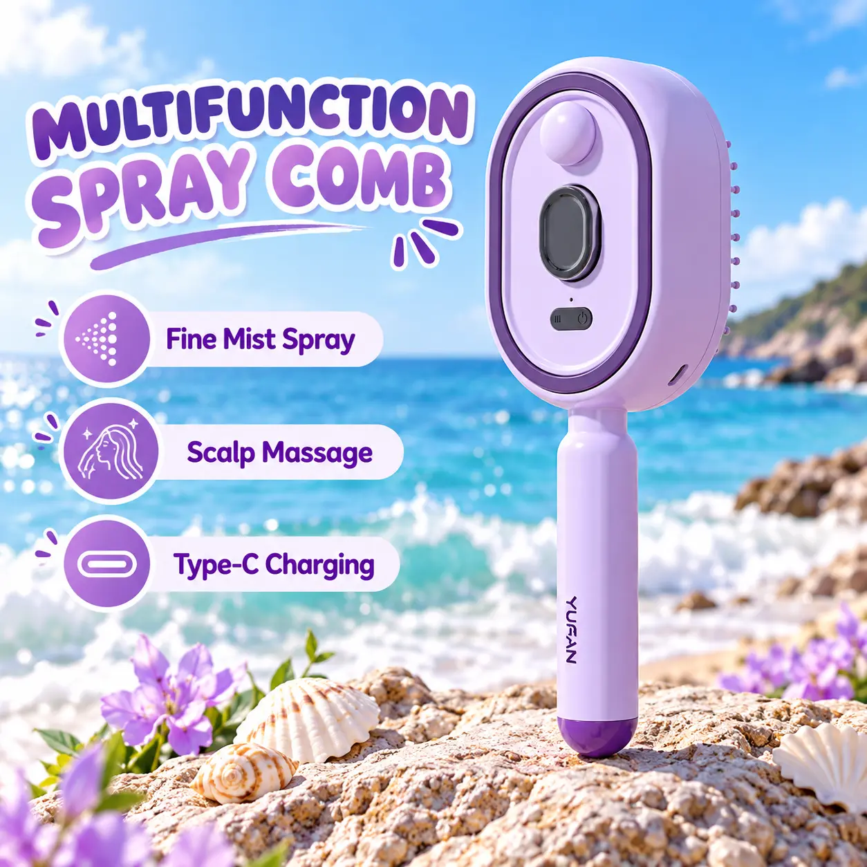 Rechargeable Hair Mist Brush for Women, 3-in-1 Electric Spray Detangling Comb with Scalp Massage, One-Click Hair Removal, Fine Mist Sprayer, USB-C Portable Hairbrush for Daily Styling, Travel & Home Use, Purple