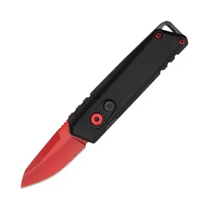 5" Red Blade Aluminum Handle Push Button Folding Knife With Belt Clip