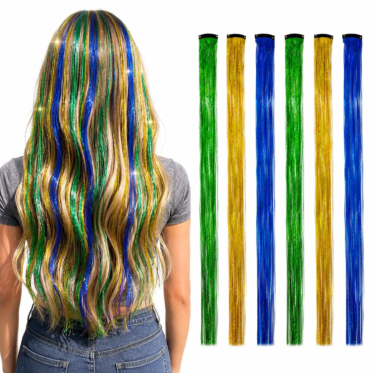 Hair Tinsel Kit with Dazzling Team Color Strands - Unisex Clip-In Fairy Hair Extensions, No Damage for Everyday Looks, Sparkle, Party, Game Day, Holographic, Glitter Hair Extensions, Hair Accessory