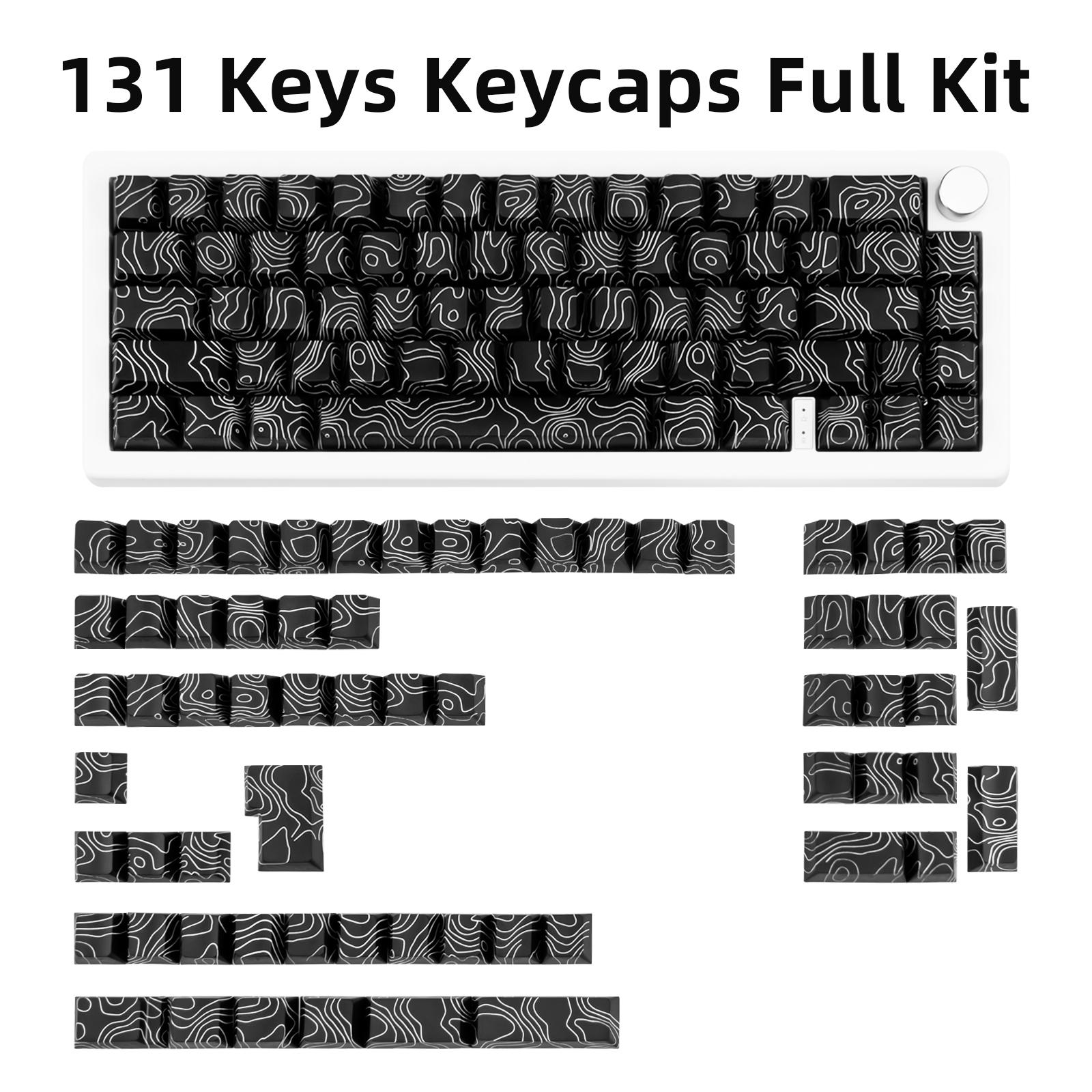 131-Key Black Topographic PBT Keycaps, Cherry Profile Side Printed Shine Through Dye Sublimation Custom Keycaps Compatible with All MX Switches Only Keycaps