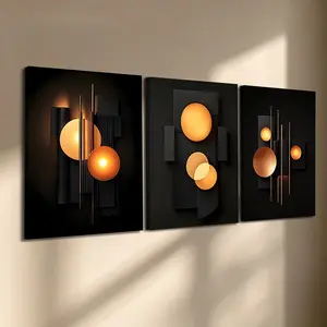 3 Pcs/Set Wooden-Framed Canvas Painting, Black & Copper Geometric Abstract Triptych Canvas Wall Art, Warm Tone 3D Print, Instant Mid-Century Decor for Living Room, Bedroom & Office, Modern Home Decor, Fashion Artistic Ornaments, Artwork