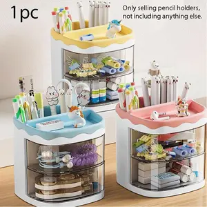High-Profile Rotating Pen Holder, Multi-Layer Transparent Storage, Cartoon Decoration, Office Desk Organizer, Student Bookshelf, Stationery Organizer