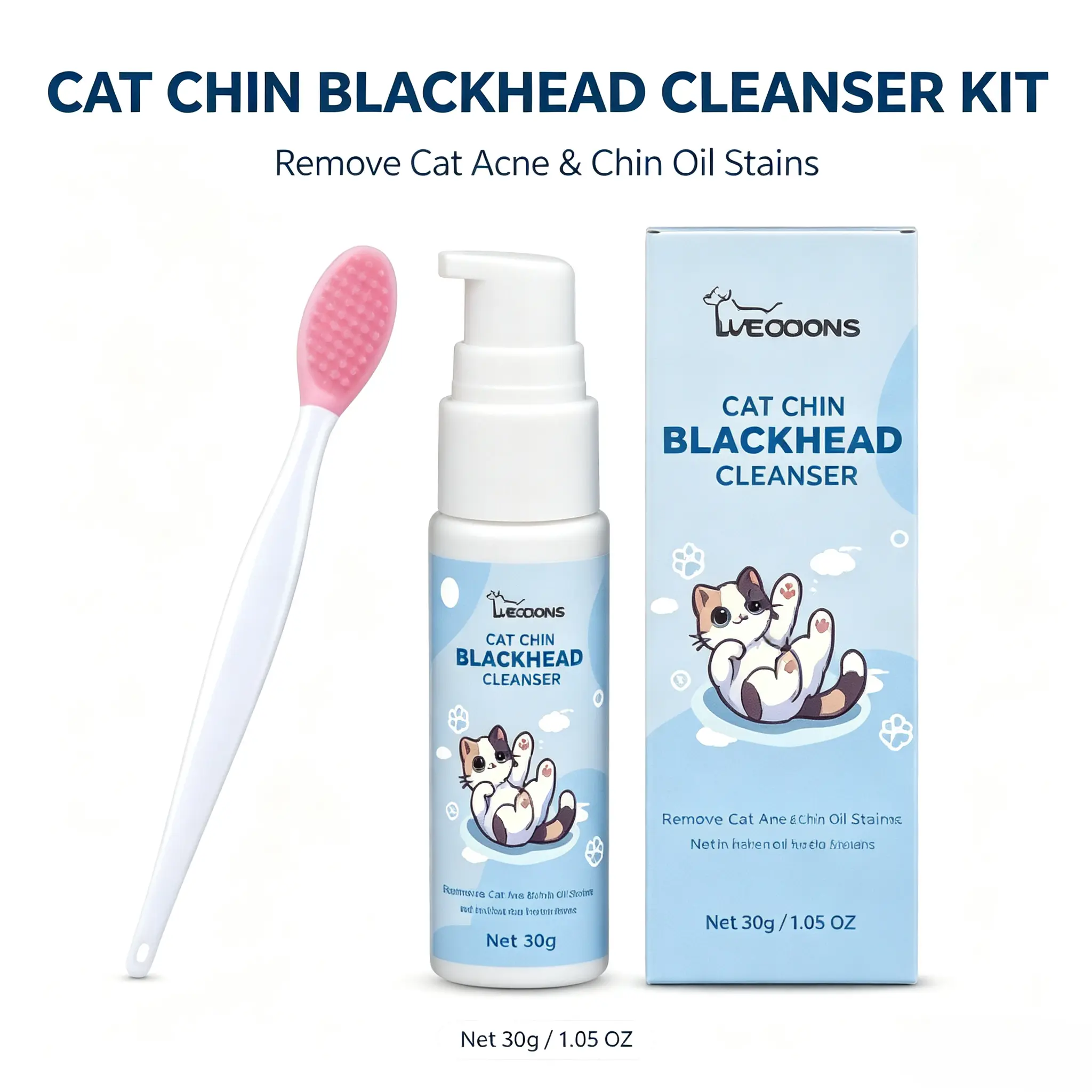 Cat Black Chin Cleansing Cream Set - 30g, Pet Cat Oral Care Grooming Supplies with Silicone Cleaning Brush for Dirt, Sebum and Pimple Removal