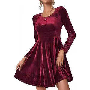 Winter Velvet Dress Women Long Sleeve Round Neck Flared  Dress Elegant Fall Fashion Holiday Party Outfit Womenswear Christmas Guest Dinner Formal Occasion