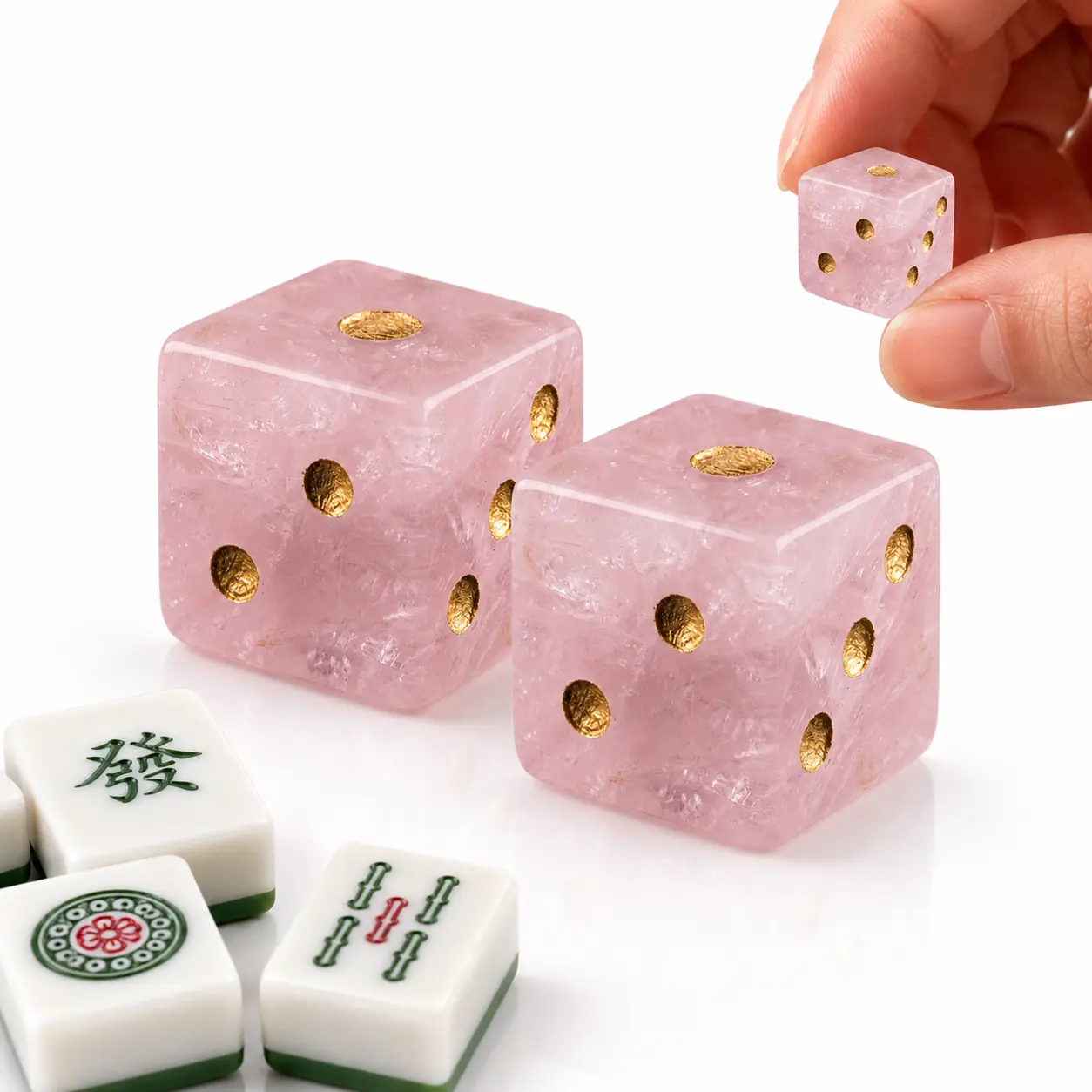 Rose Quartz Mahjong Dice Set, 2-Piece Pink Crystal D6 Dice for Mahjong Games & Dungeons and Dragons RPG Tabletop Games