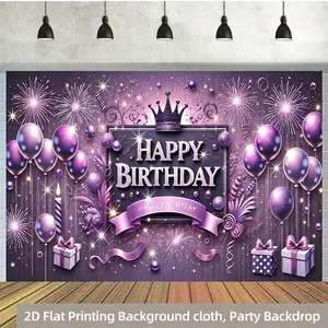 1pc 2D Flat ,  Elegant Purple Birthday Party Backdrop -  Polyester Photography Banner with Crown, Balloons, Cakes & Sparkles, Perfect for Indoor/Outdoor Celebrations, Cake Table Decor, and Pho
