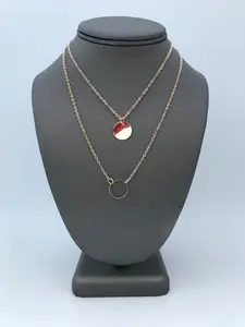 Eclipse Layered Necklace - 14k Gold Plated Brass Base Hypoallergenic Adjustable Length 45cm Chain with Disc & Hollow Geometric Charms