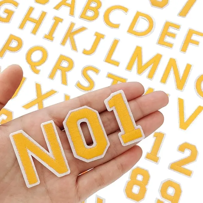 72 Pieces Iron-On Embroidery Patches with Hot-Melt Glue, Alphabet/Numbers Design, Easy to Iron or Sew On for Unisex Denim Jackets & T-Shirts, Ideal for DIY Projects (Yellow A-Z 0-9), Iron On Patches