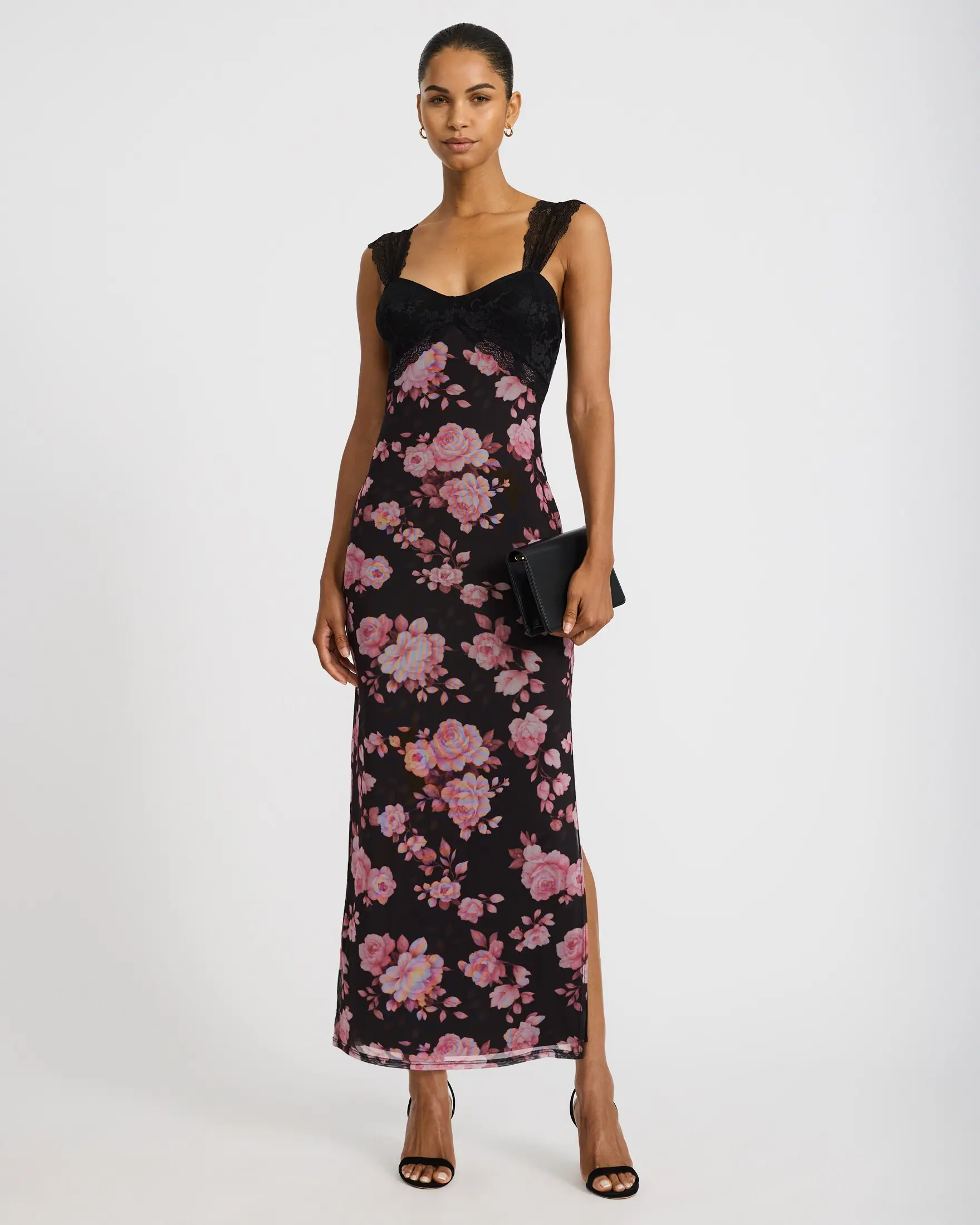 Express Mesh Printed Sweetheart Lace Pieced Maxi Dress