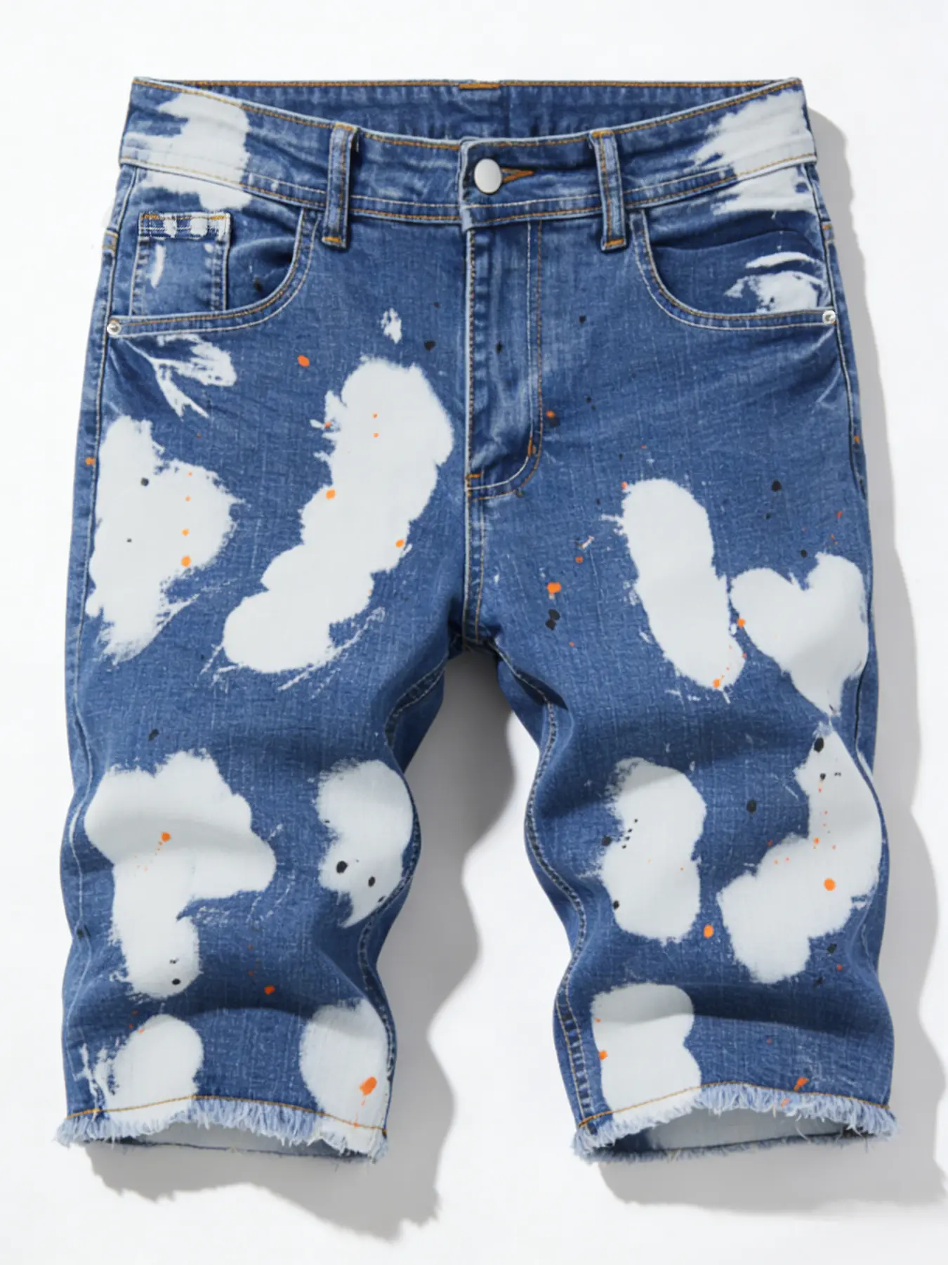 Men's Bleached Denim Shorts, Paint Splatter Design, Frayed Raw Hem, Slim Fit, Streetwear Style, Summer Casual Wear, Breathable Cotton Blend, Trendy, Graffiti Style Shorts, Graffiti Print Shorts, Daily Casual Shorts