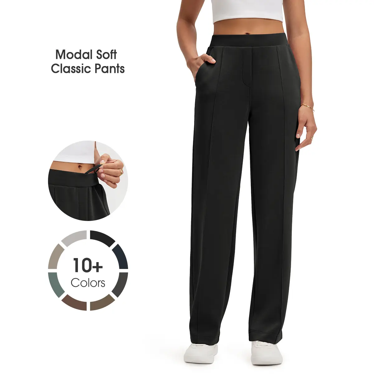 ODODOS Women's Soft Modal Polyester Pants, Classic Pull-On with Pockets and an Adjustable Waist for Work and Loungewear, Bottom, Fabric, Stretchy, Trouser