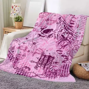 Gothic Skull and Rose Flannel Blanket Vintage Pink Tattoo Print Design Soft Warm Lightweight Plush Throw Ideal for Bedroom Decor Sofa Lounging Halloween Party Rock Music Gift Artistic Home Collection Use