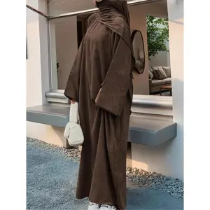 Women's Solid Color Split Sleeve Corduroy Robe, Modest Long Sleeve Round Neck Robe for Fall & Winter, Women's Islamic Clothing for Daily WearGift