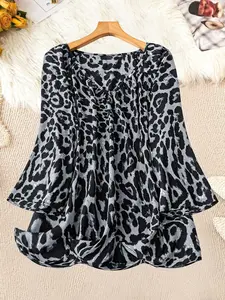 Plus Size Women's Short Sleeve Leopard Print Woven Casual Fashion Shirt, Small V Neck Gathered Collar, Loose Comfortable Blouse Tops for Daily Commute, Womenswear