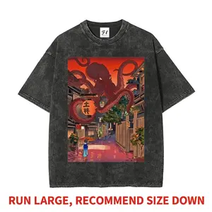 Vintage Japanese Octopus Monster Graphic Tee Heavyweight Washed Oversized T-Shirt Unisex Retro Streetwear