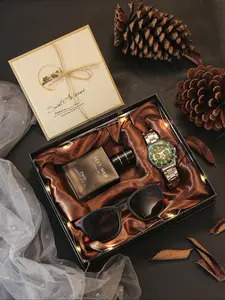 Men's Business Fashion Watch Set, Including Round Dial Quartz Watch & Perfume & Sunglasses & Gift Card, Trendy All-match & Exquisite Watch Set for Birthday Gift