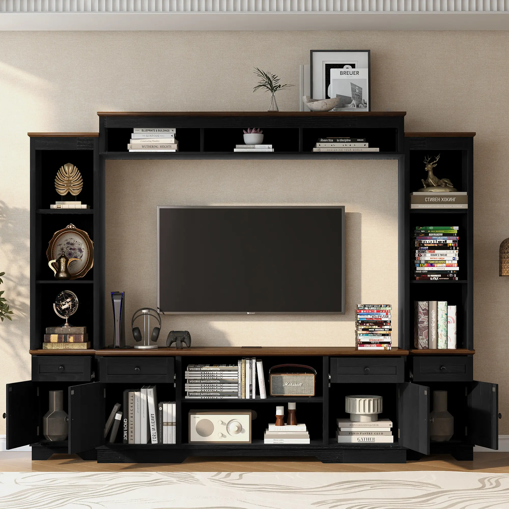 98.8" Wall Unit Entertainment Center with Bookshelves, TV Stand for up to 80" TVs, Modern Media Console with Barn Doors, Drawers, Adjustable Shelves, Outlets & USB Port, Black+Brown