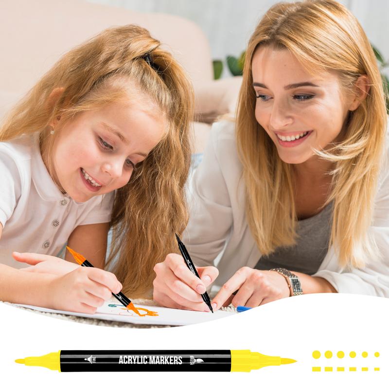 Acrylic Paint Markers, Dual Tip with Fine Tip and Brush Tip Pens for Stone, Wood, Calligraphy, Canvas, Ceramic, Metal, Glass, Rock Painting, DIY Crafts Art Supplies Bag