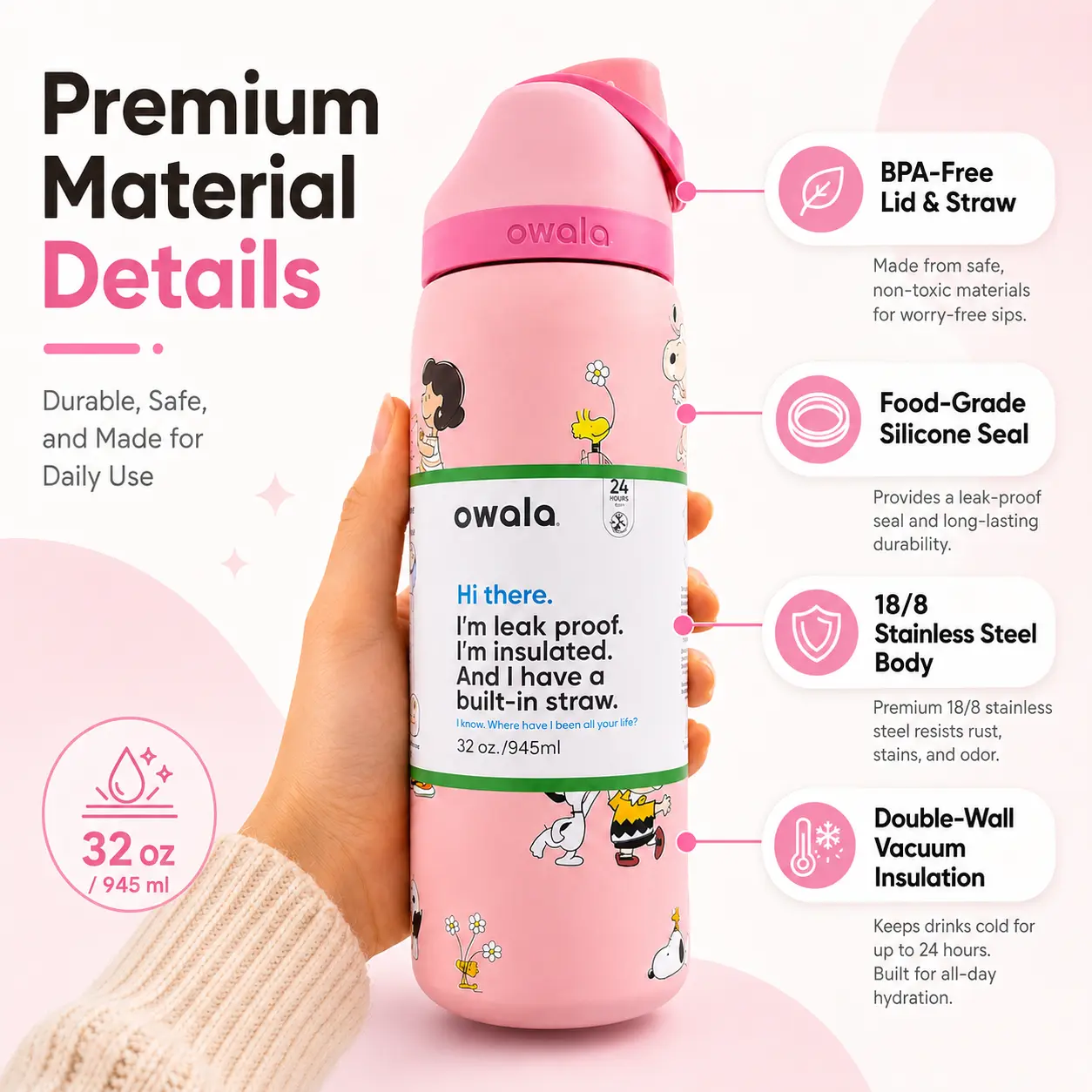 Owala FreeSip 32oz Water Bottle – Insulated Stainless Steel Leakproof Bottle with Built-in Straw, BPA-Free Gym Travel Daily Cup