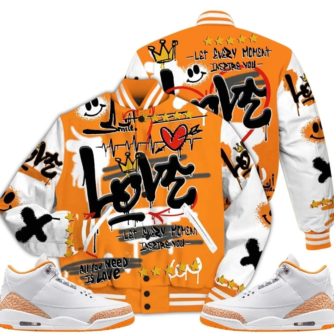 3 White Orange Peel Varsity Jacket, Orange Citrus 3s Outfit Happy Love Beats Graffiti Outfits Streetwear Sneaker Matching Shirts
