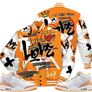3 White Orange Peel Varsity Jacket, Orange Citrus 3s Outfit Happy Love Beats Graffiti Outfits Streetwear Sneaker Matching Shirts