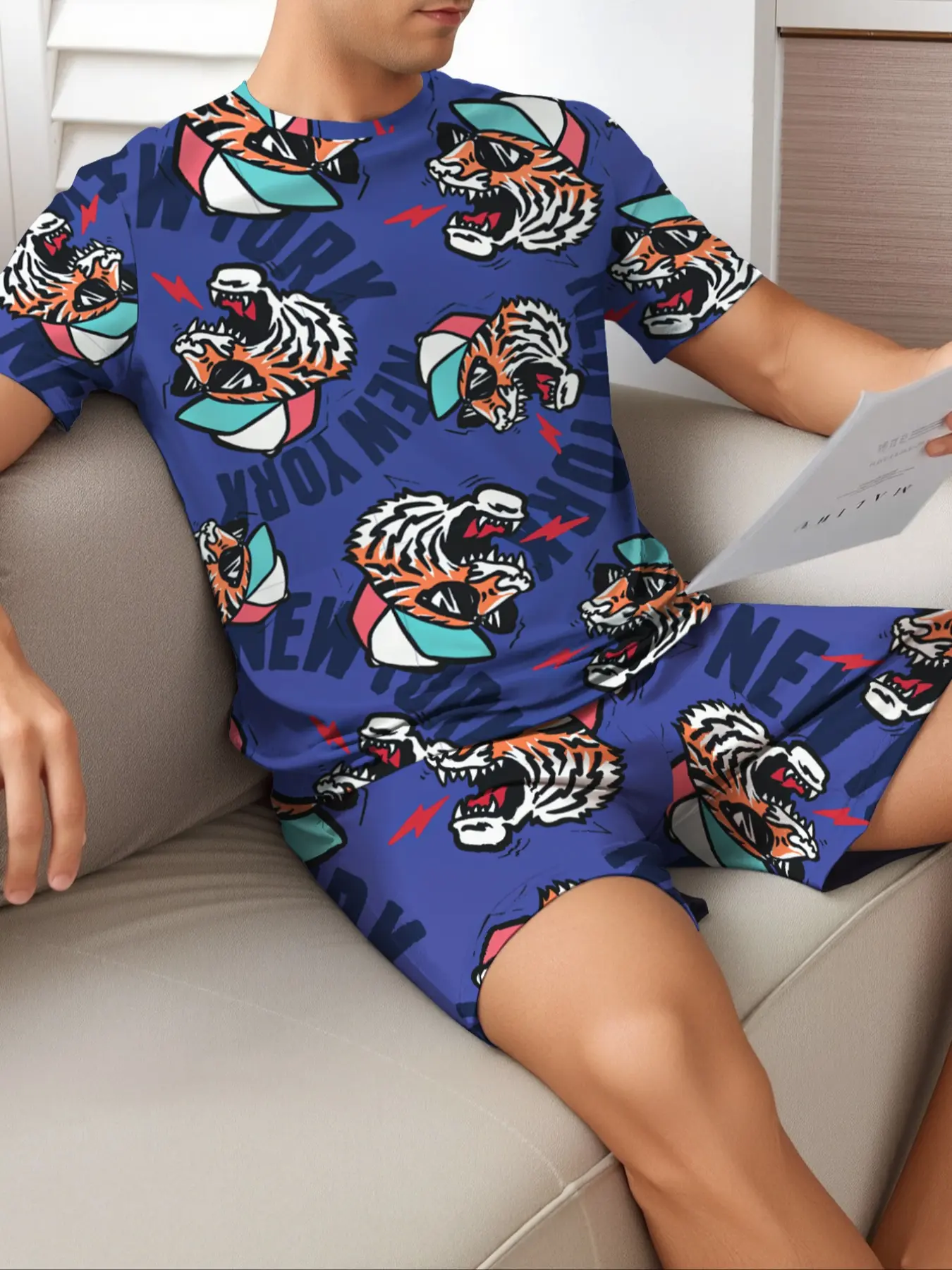 Men's Cartoon Print Tee & Shorts Pajama Two-piece Set Loungewear, Casual Comfy Round Neck Short Sleeve T-shirt & Shorts PJ Set, Men's Sleepwear for Summer, Matching Lounge Outfits Shirt Shorts Pyjama