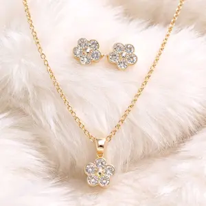 18” Dainty Flower Jewelry Set (Adjustable to 21”) – Fine Chain with Floral Pendant & Matching Earrings, 14K Gold Laminated