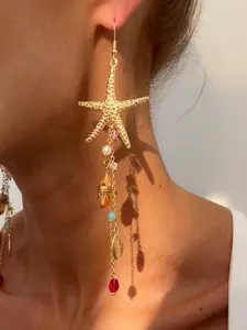 Women Boho Style Ocean Element Starfish Earrings, Irregular Crystal Bead Fringe Ear Rings, Daily Holiday Jewelry Accessories