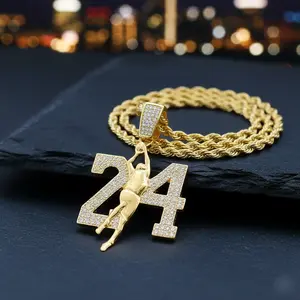 Men's Jersey Number 24 Basketball CZ Iced Pendant & 4mm 18" 20" 24" Rope Chain Fashion Hip Hop Style Necklace