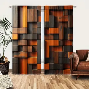 2pcs Window Curtains, Room Decor Curtain, A dynamic, 3D pattern crafted from rectangular blocks in varying shades of dark brown, grey. The textured surface evokes wood or stone, Window Drapes for Bedroom Living Room, Rod Pocket Window Treatment