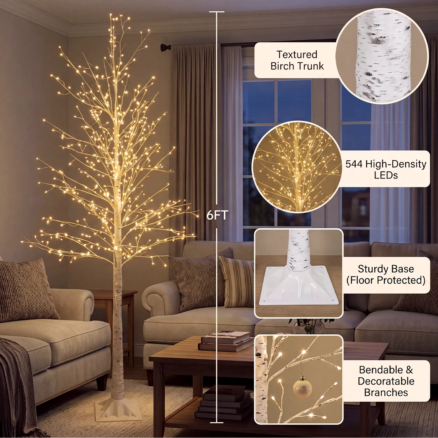 Hoodink 6ft Lighted Birch Tree with 544 Warm White LED Lights - Id Twig Tree, Decorndoor Decorative Twig Tree for Home,  Christmas Holiday Decor,Lighteative LED Tree, Warm White Glow, Birch Wood Aesthetic, Plastic Birch Foliage, Durable Metal Base sum