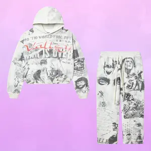 ALL OVER PRINT Vale F0reverr Mural Pullover Hoodie & Sweatpants White Set – Streetwear Graphic Full Set, Aesthetic Casual Outfit, Unisex Cozy Sweatshirt Gift